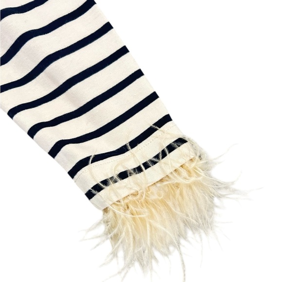 J.Crew Navy & Cream Striped long sleeved Top feather trim cuffs size small - Picture 5 of 11